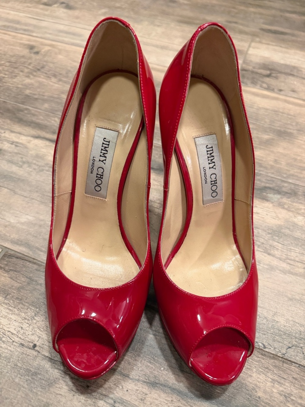 Jimmy Choo Red Patent Peep-Toe Heels